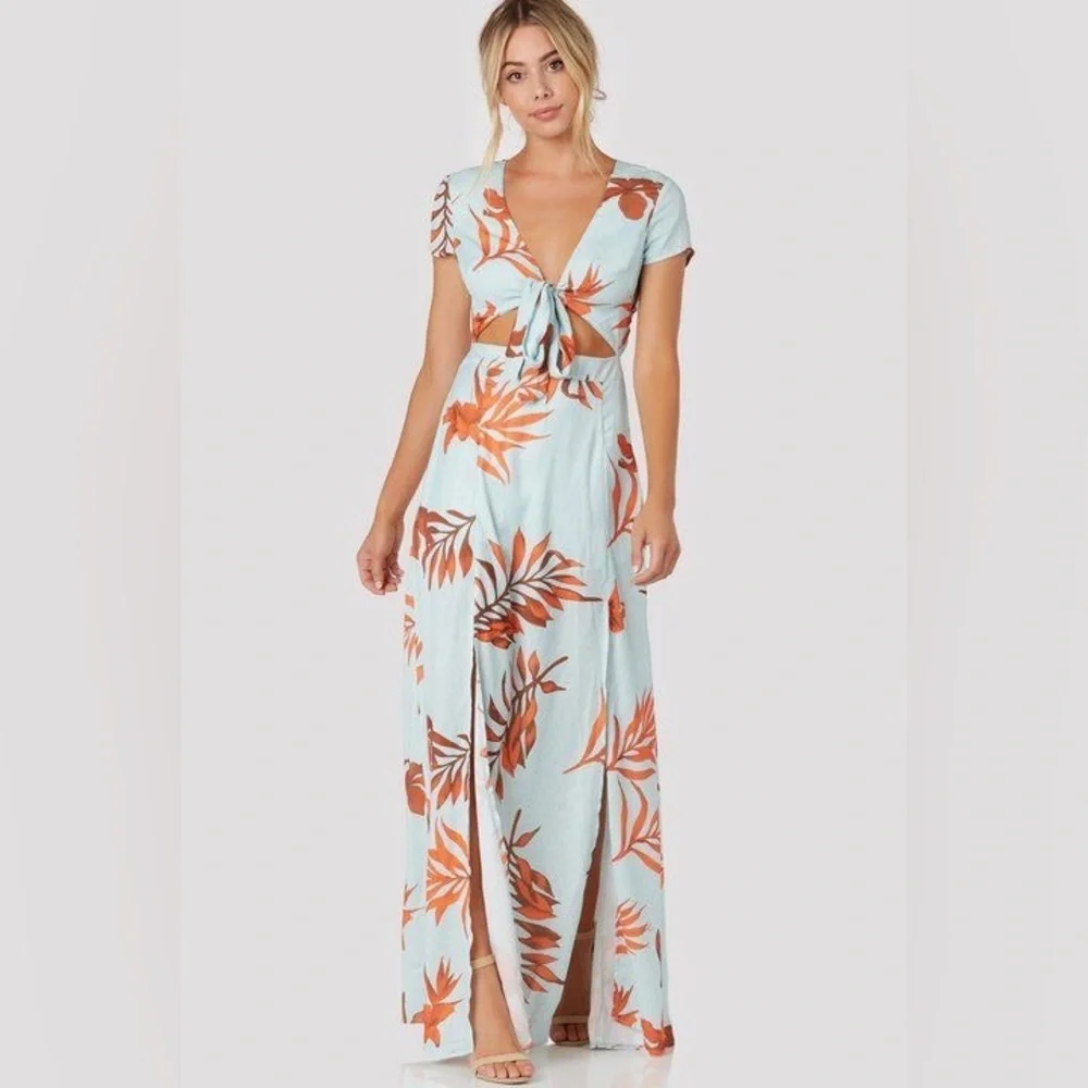 Latiste Mint Blue/Tropical Leaf Orange Island Hop Cut Out Maxi Dress. NWT Size S - Picture 3 of 13